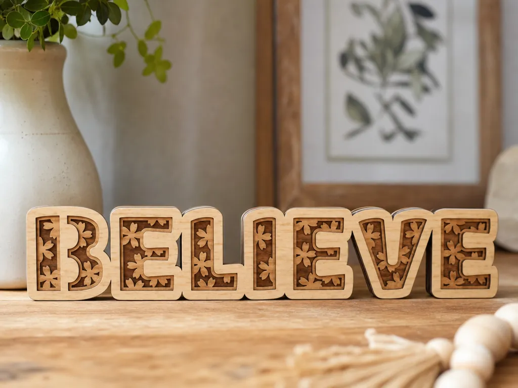 Believe Wooden Letter Sign with Floral Cutout Details