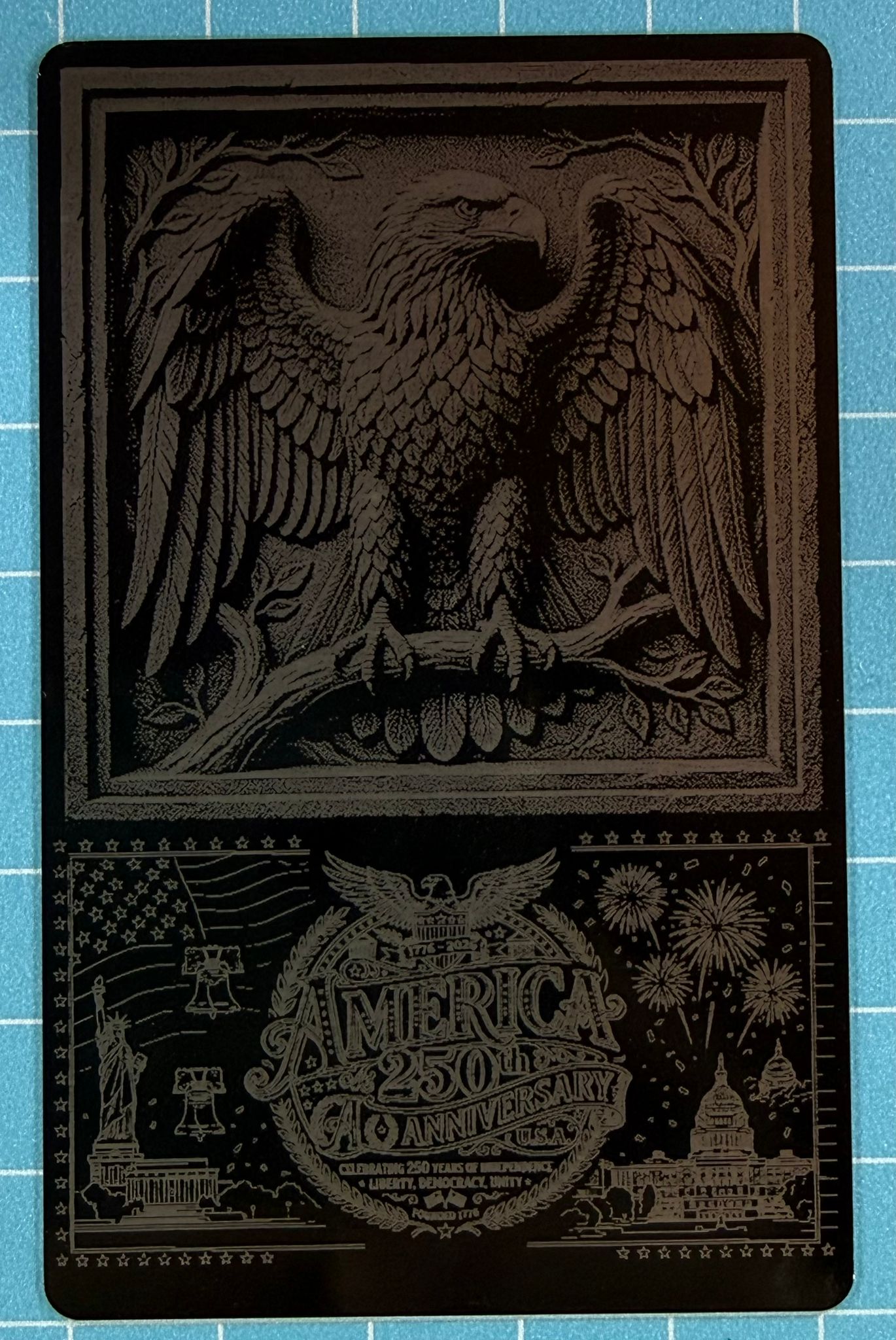 [Laser cut and engrave] America 250th Anniversary Commemorative Plaque with 3D Bald Eagle Motif on black business card