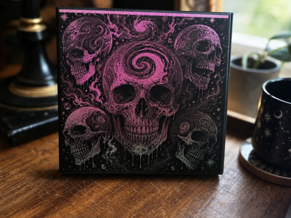 Pink and Black Gothic Neon Skull Art Painted White Tiles