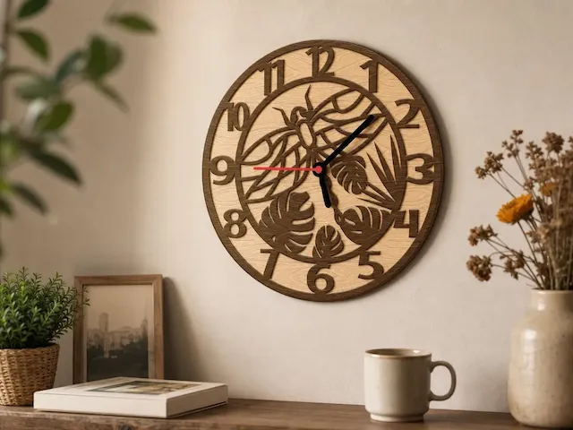 Round Wall Clock with Dragonfly and Tropical Leaf Motif