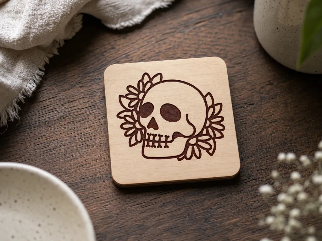 Square Wooden Coaster Featuring a Floral Skull Illustration