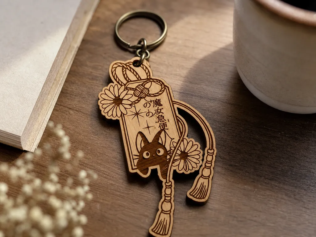 Porte-clés en bois inspiré de Kiki la petite sorcière avec motif chat