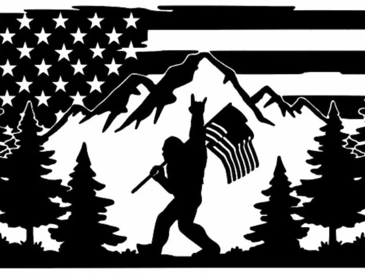 [Laser cut and engrave] Bigfoot Silhouette with American Flag and Mountain Forest Landscape