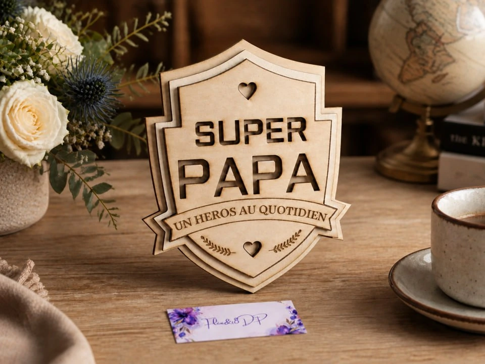 Plaque décorative en forme de blason Super Papa un héros au quotidien