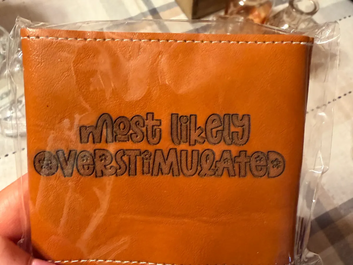[Laser cut and engrave] Tan Leather Wallet with Most Likely Overstimulated Text