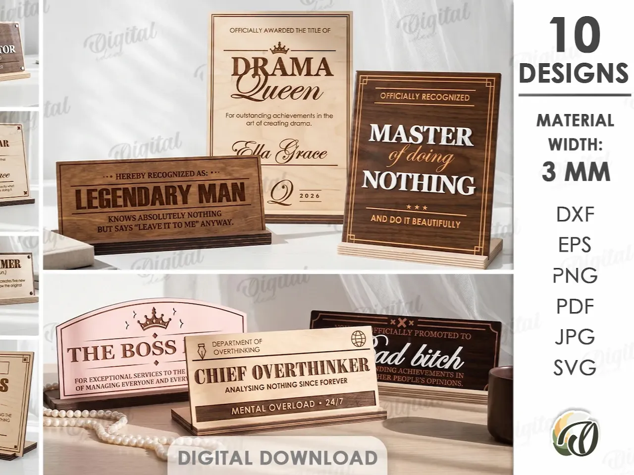 [Laser cut and engrave] 3D Funny Desk Signs Bundle. Sarcastic Office Plaque Laser Cut Files. Humor Work Decor. Drama Queen SVG. Overthinker. Bad Bitch. Personalized