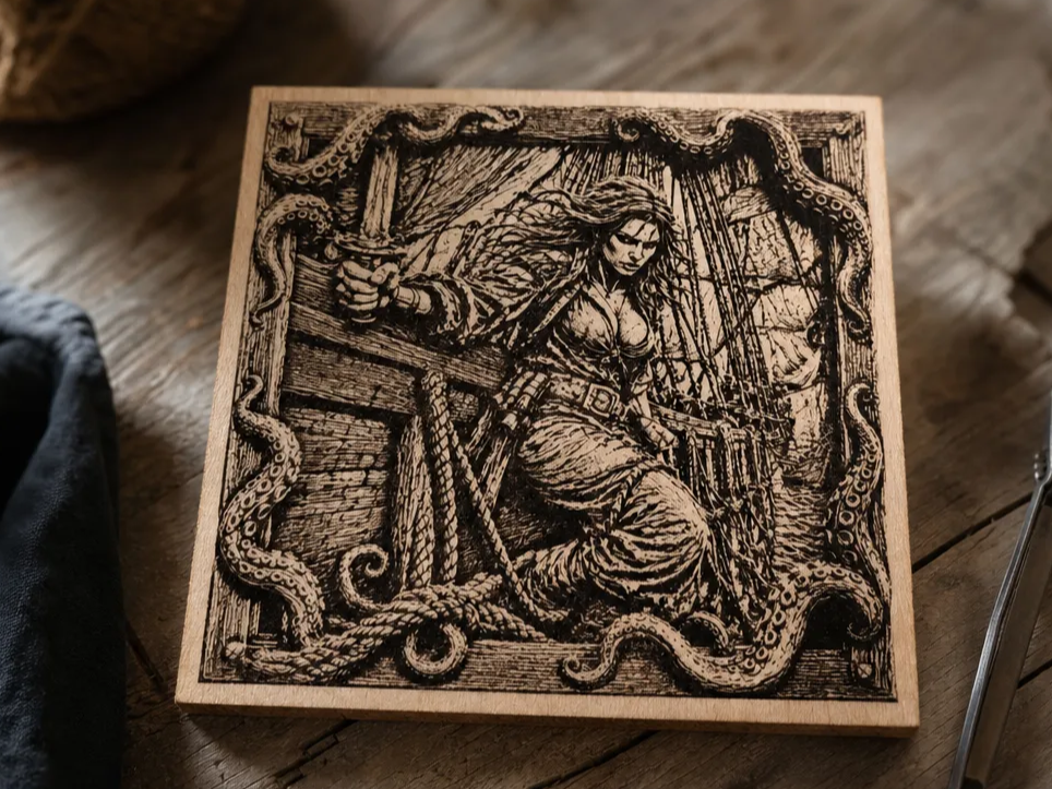 Tableau en bois représentant une femme pirate avec cadre kraken