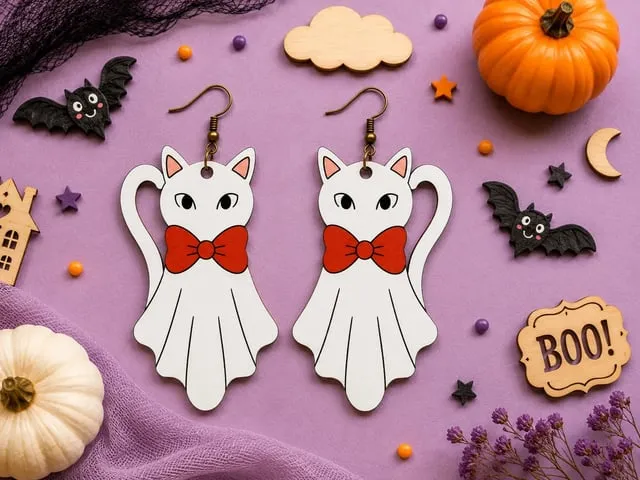 Ghost Cat Earrings Svg, Halloween Laser Cut File, Cute Cat Ghost Earrings, Glowforge Template, Dxf Pdf Download