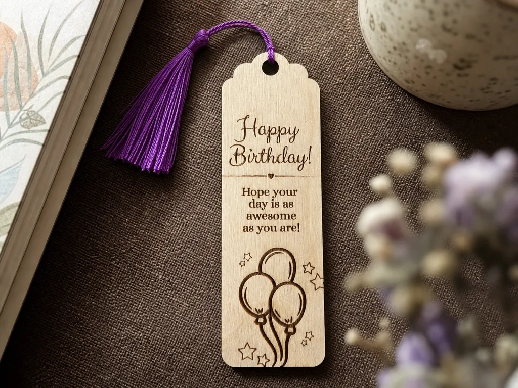 Happy Birthday Wooden Bookmark with Purple Tassel