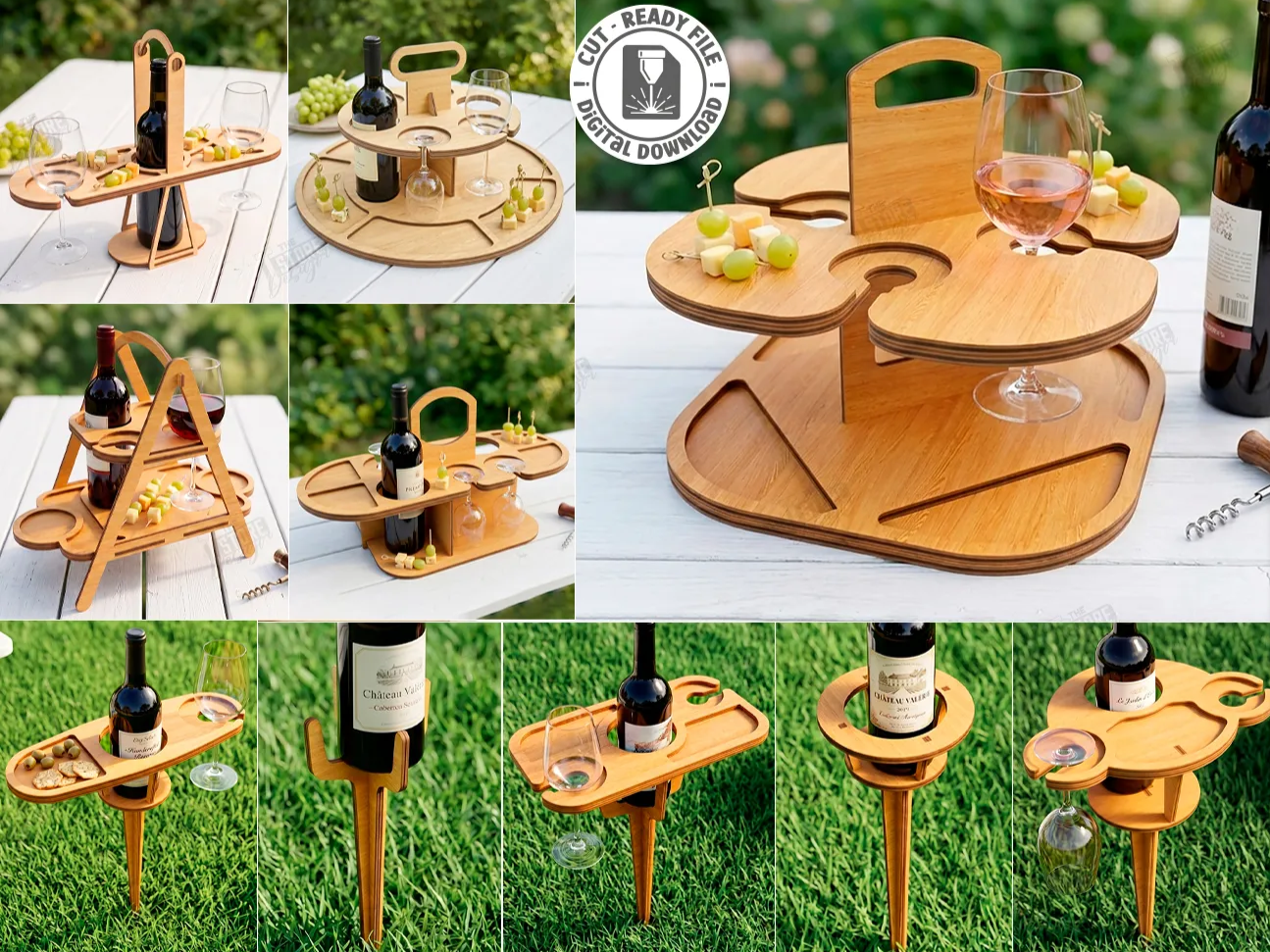 Wooden Wine Bottle and Glass Serving Tray for Outdoor Picnics Laser Cut Bundle. Garde Decor. Outdoor Tray