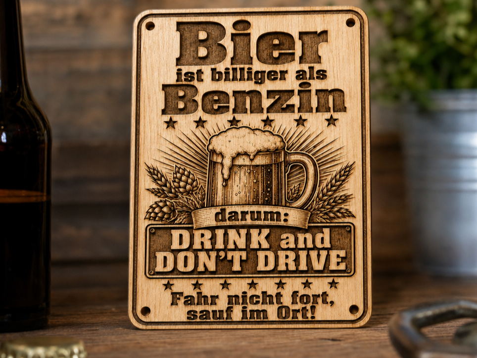 Holzschild mit Bier Spruch Bier ist billiger als Benzin