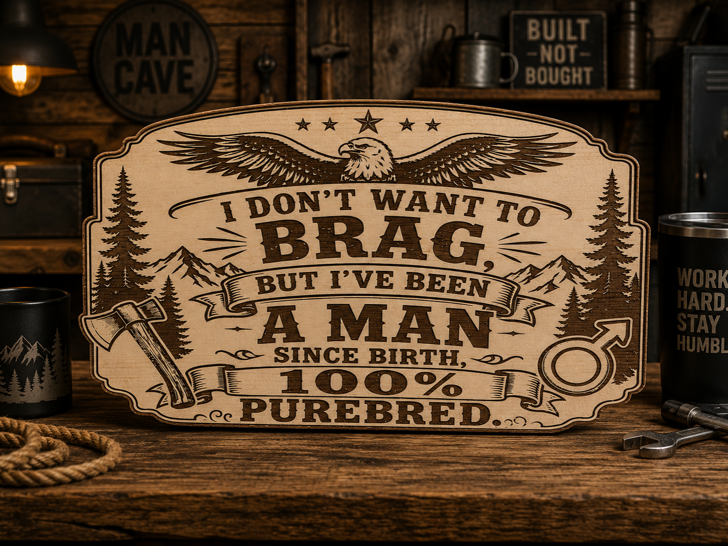 I Don’t Want to Brag, But I’ve Been a Man Since Birth – 100% Purebred | Laser Engraved Wood Sign