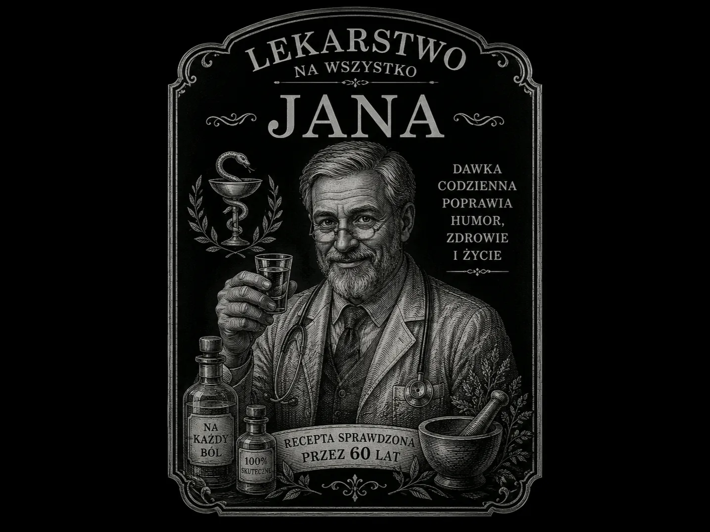 Personalizowana etykieta na alkohol z grafiką lekarza dla Jana
