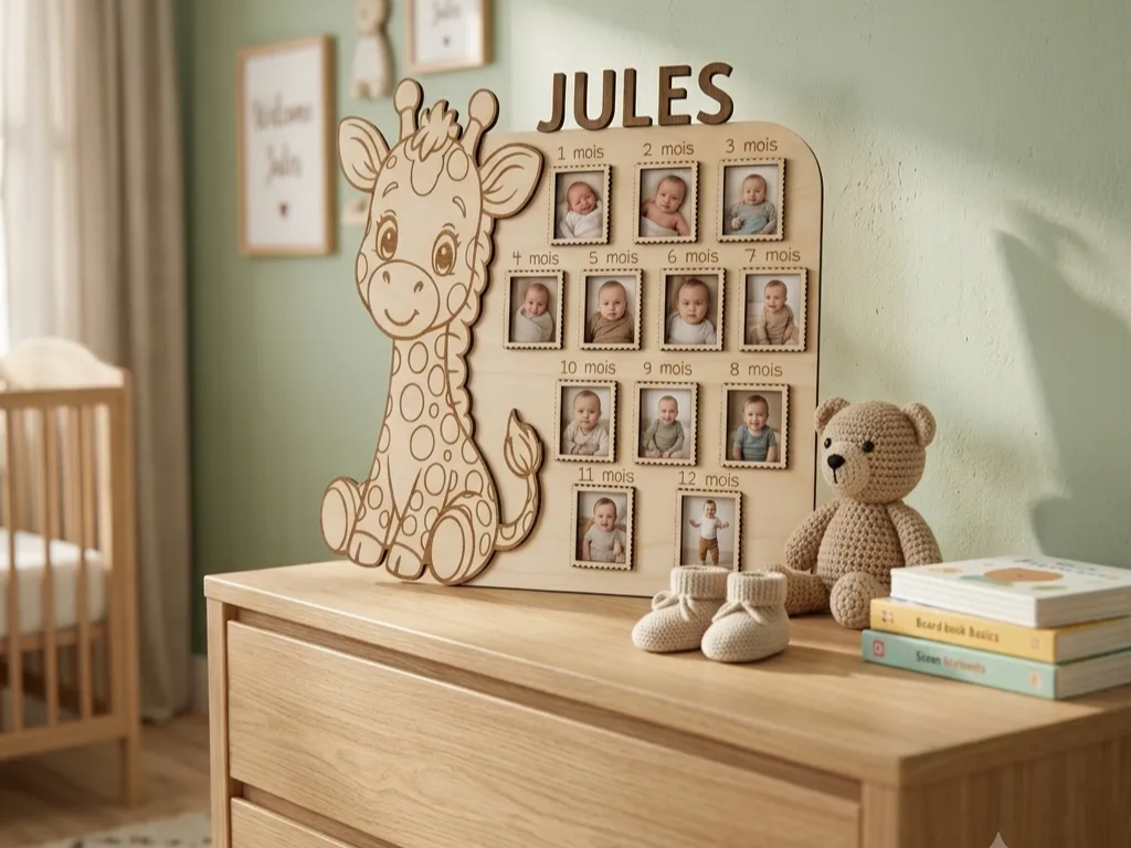 Cadre photo personnalisé pour bébé avec motif girafe pour suivre la première année