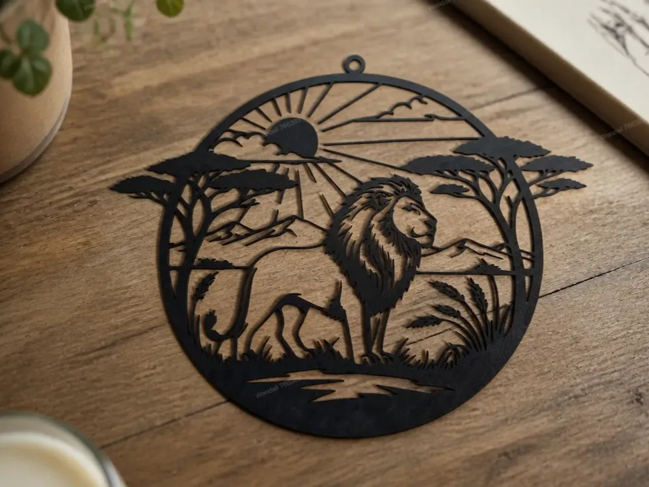 [Laser cut and engrave] Circular Lion Silhouette Wall Hanging with African Savanna Landscape