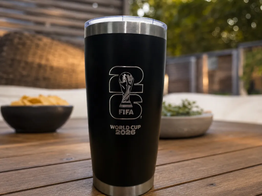 Vaso térmico negro con logotipo oficial de la Copa Mundial de la FIFA 2026