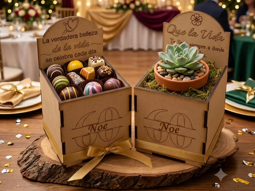 Cajas de madera personalizadas con bombones y suculenta para eventos