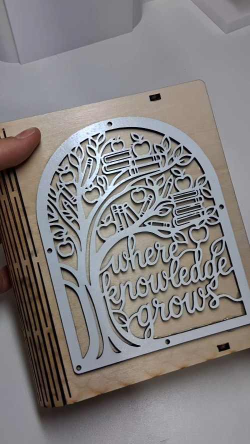 [Laser cut and engrave] Where Knowledge Grows Wooden Book Cover with Tree and Book Motif