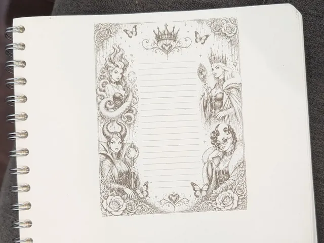 Villain Themed Lined Stationery Page with Crown and Floral Border