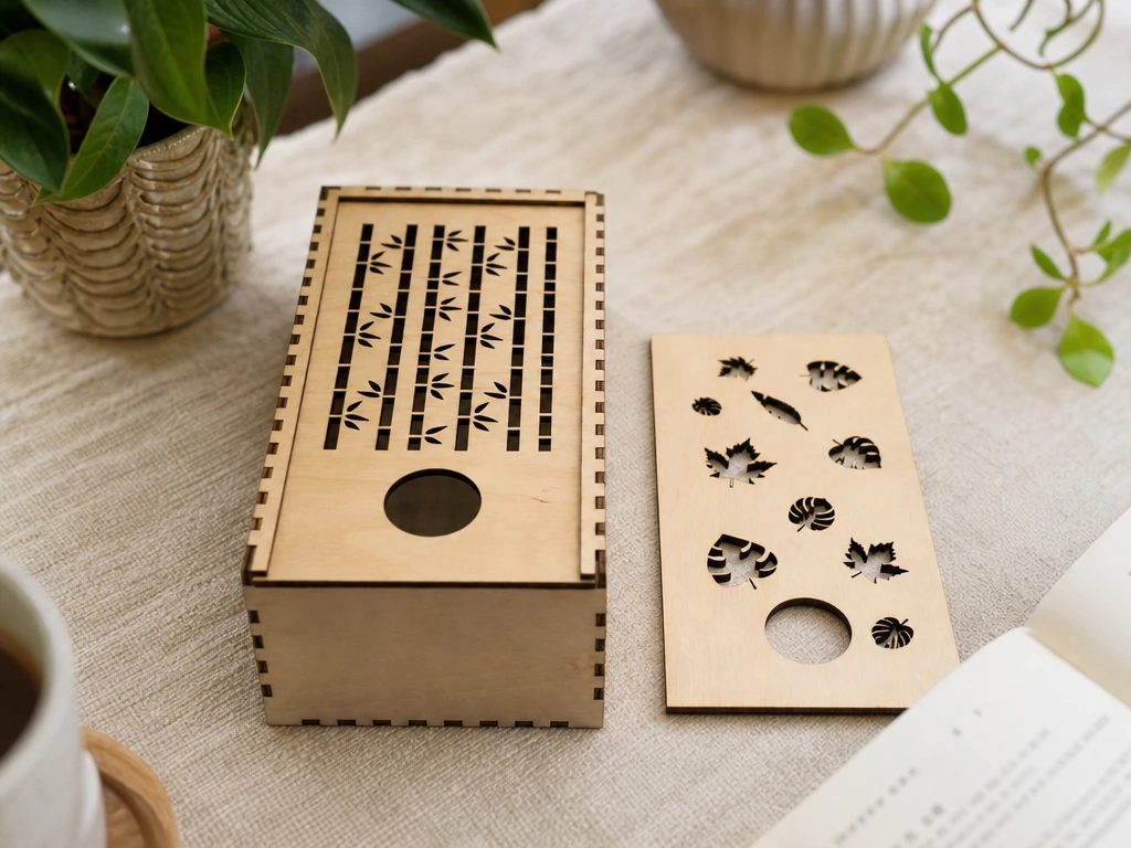 Box mit Bambus- und Blatt Motiven ,3 Schiebedeckel Varianten