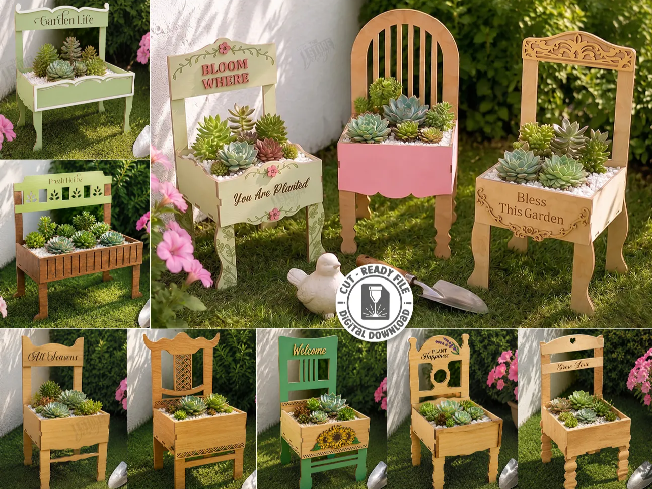 Miniature Chair Succulent Planter for Garden Decor Laser Cut Bundle. Vintage Wooden Succulent Flower Pot