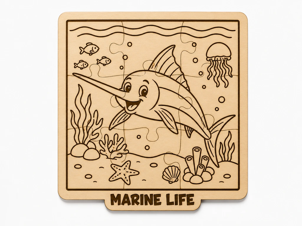 Swordfish Wooden Puzzle for Kids | Marine Life Montessori Toy, Ocean Animal Learning Activity and Fine Motor Skills Development