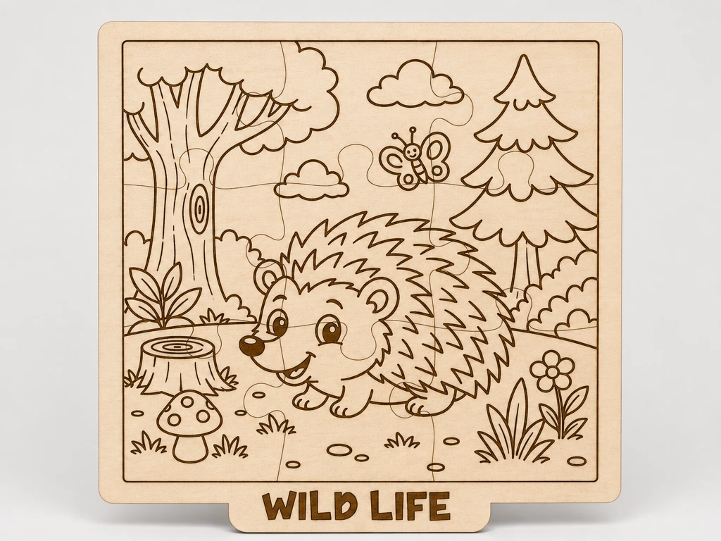 Cute Hedgehog Woodland Puzzle SVG XCS | Wild Life Wooden Puzzle for Kids | Laser Cut Educational Coloring Activity | DIY File