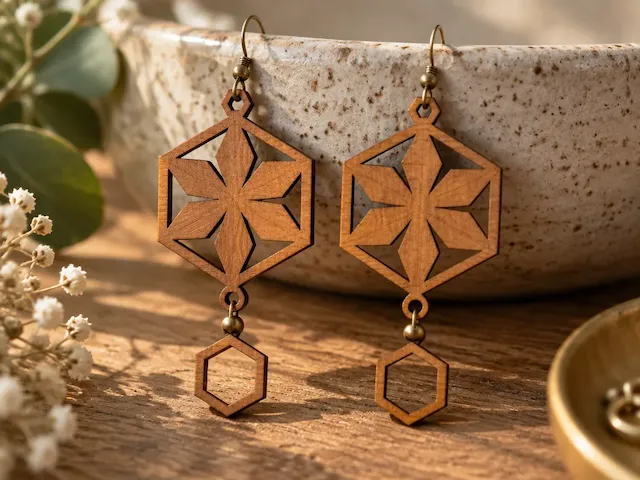 Anting kayu geometris dengan motif bunga heksagonal