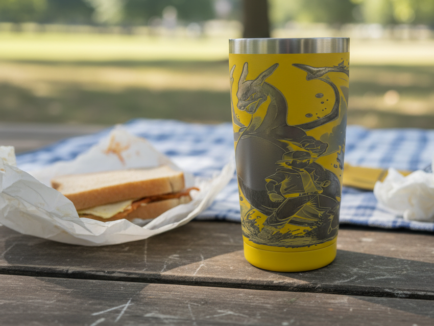 Vaso térmico amarillo con diseño de Charizard y entrenador