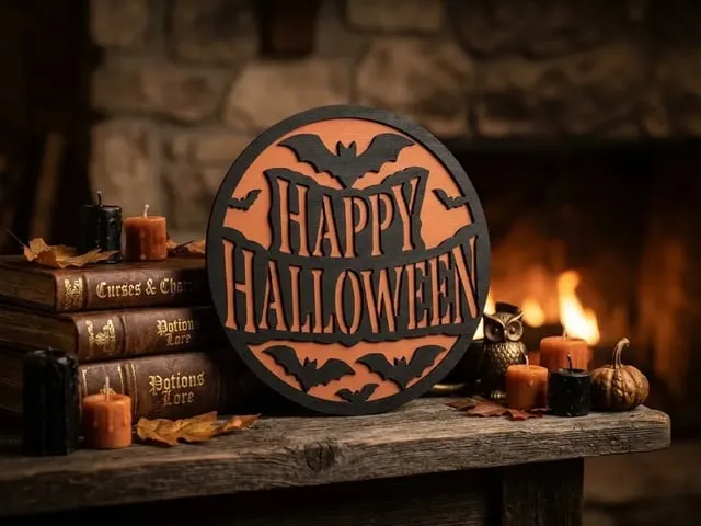 Happy Halloween Round Sign with Bat Silhouettes