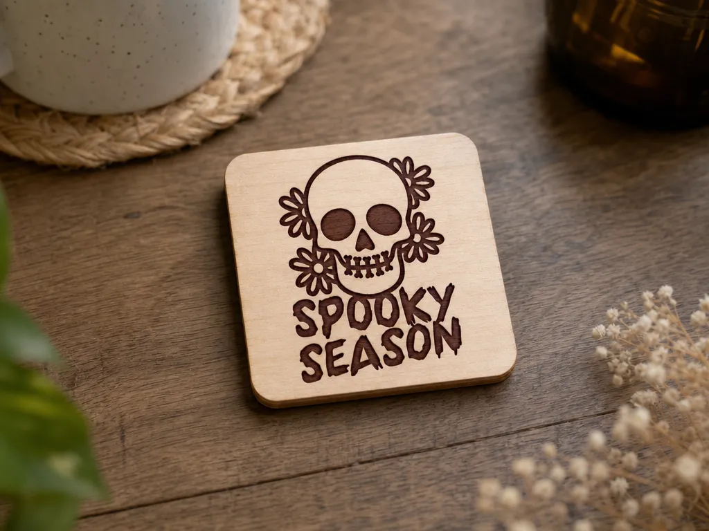 Spooky Season Skull and Flower Wooden Coaster