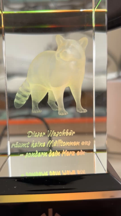 [Laser cut and engrave] Glaskristall mit Waschbär Motiv und persönlicher Gravur
