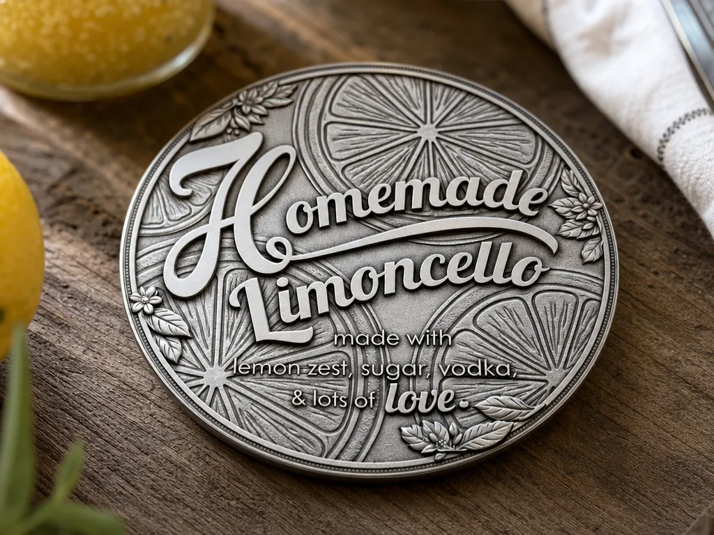 Homemade Limoncello Round Metal Coaster with Lemon Slice Motif