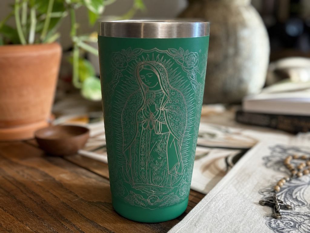 Vaso térmico verde con diseño de la Virgen de Guadalupe