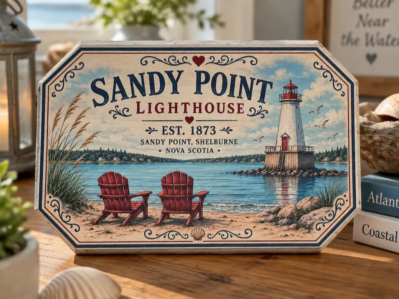 [Inkjet printing] Holzschild Sandy Point Leuchtturm mit Strandmotiv