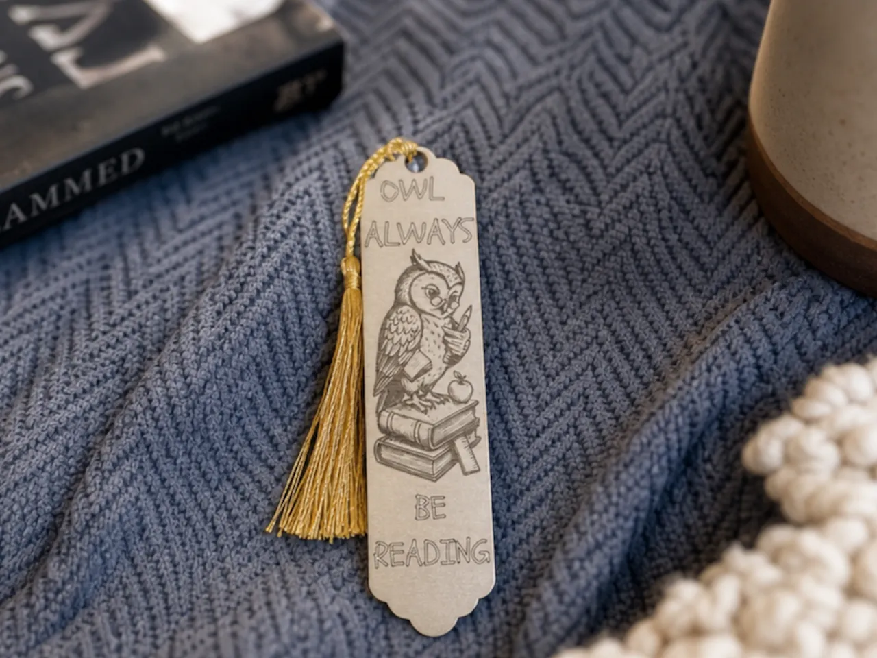 [Laser cut and engrave] Owl Always Be Reading Bookmark with Gold Tassel