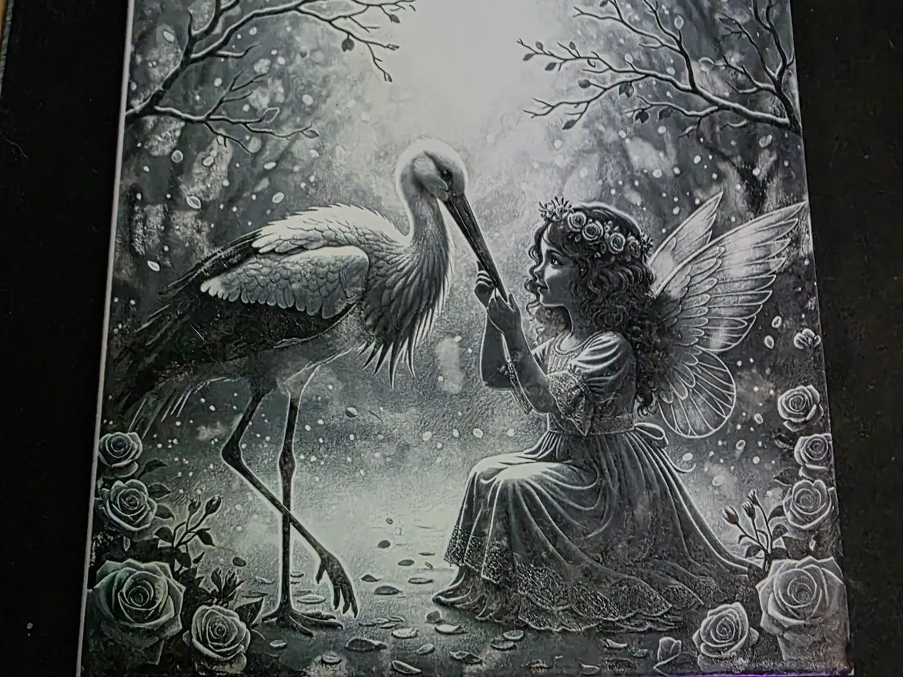 [Laser cut and engrave] Fairy and Stork Fantasy Art Print in a Rose Garden