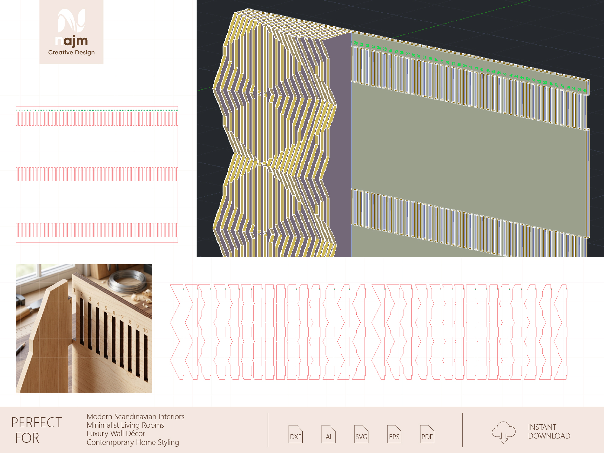 [Laser cut and engrave] Geometric Slatted Wooden Wall Art Panel