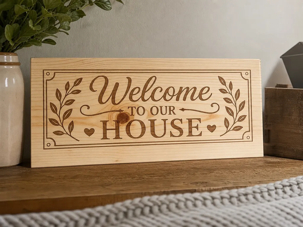 Welcome To Our House Wooden Sign with Leaf Accents