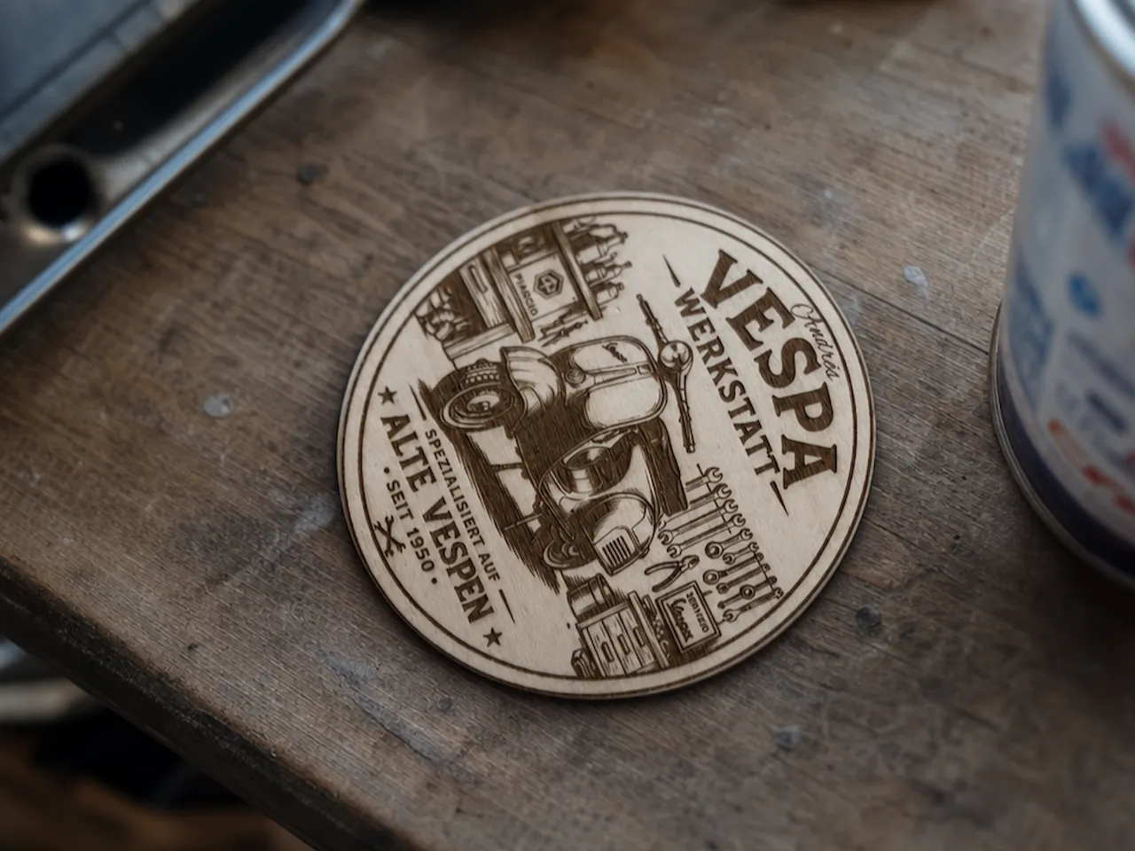 [Laser cut and engrave] Runder Holzuntersetzer mit Vespa Werkstatt Motiv