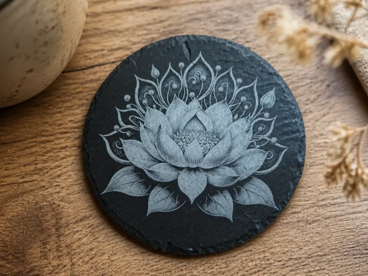 [Laser cut and engrave] Sous-verre rond en ardoise avec motif de fleur de lotus