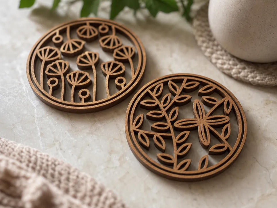 Round Floral Pattern Wooden Coasters