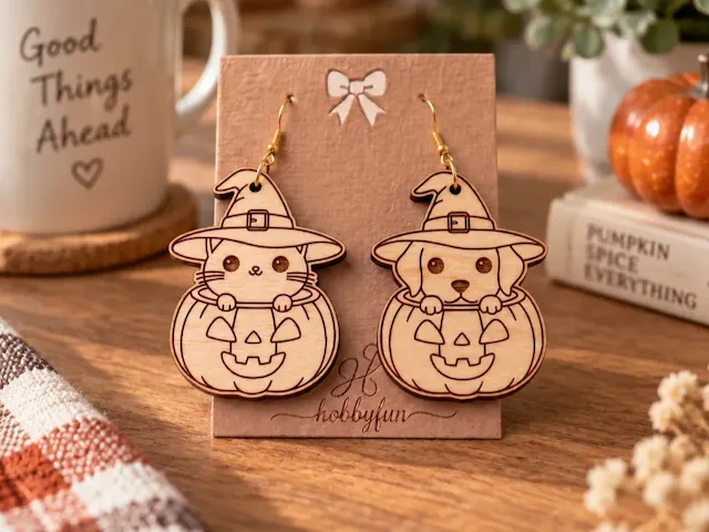 Halloween Cat and Dog in Pumpkin Witch Hat Dangle Earrings