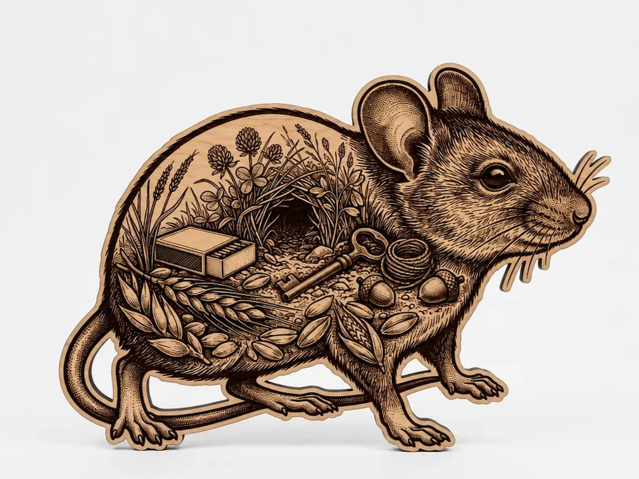 [Laser cut and engrave] Mouse Silhouette Wall Art with Detailed Nature and Key Illustration