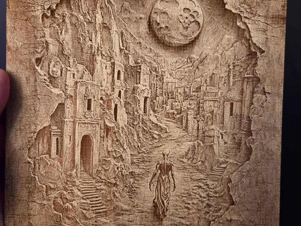 [Laser cut and engrave] Fantasy landscape wall art featuring a figure walking through a ruined city under moonlight