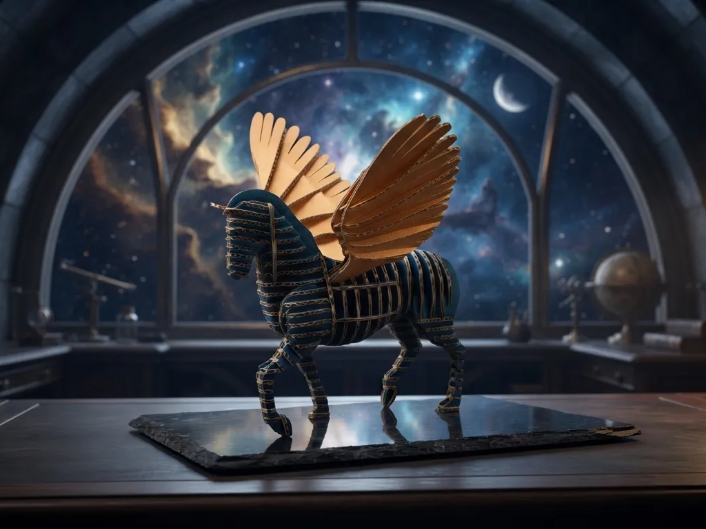 Pegasus winged horse sculpture with layered blue and gold finish