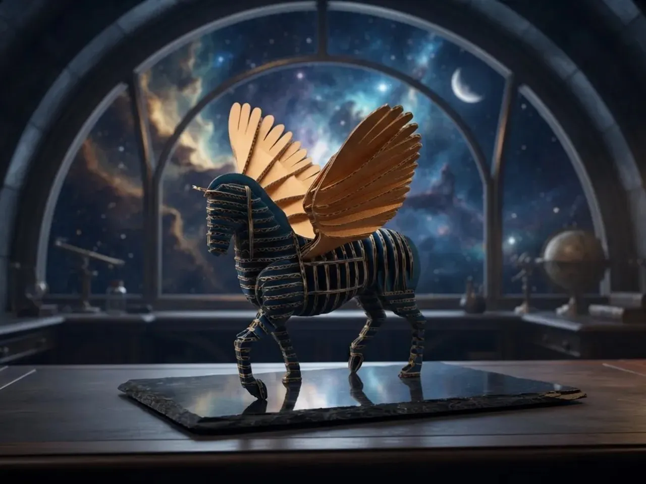 [Laser cut and engrave] Pegasus winged horse sculpture with layered blue and gold finish