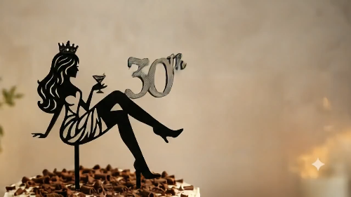 [Laser cut and engrave] 30th Birthday Cake Topper Featuring Classy Lady Silhouette with a Martini Glass