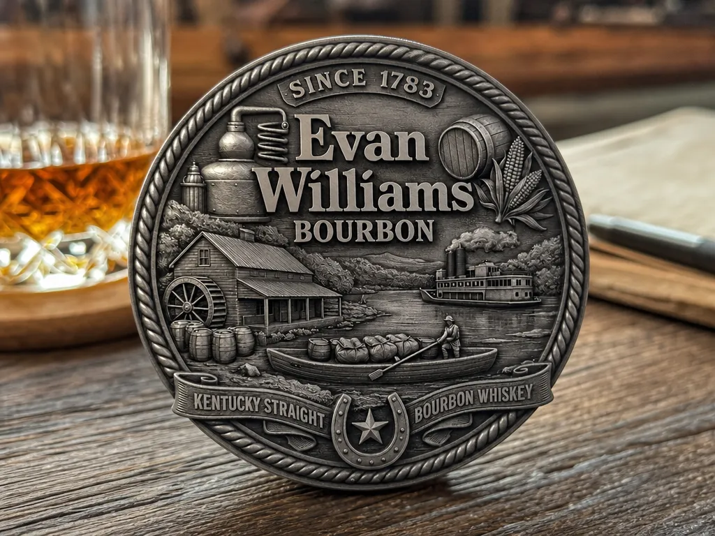 Evan Williams Bourbon Embossed Metal Round Coaster or Coin