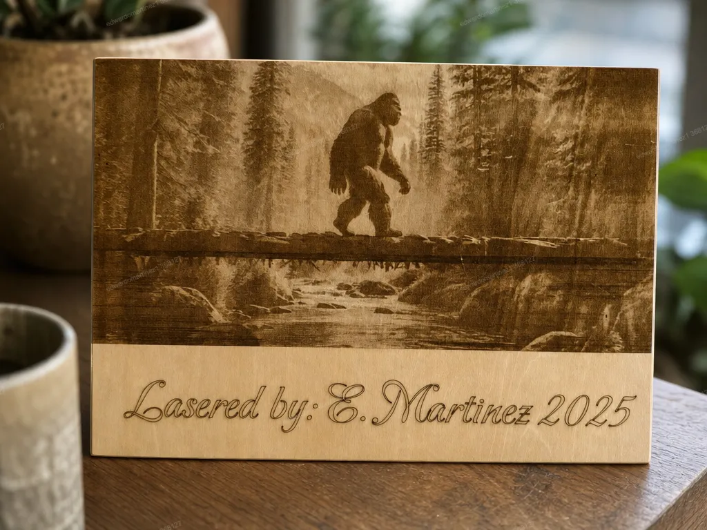 Bigfoot Crossing a Forest Stream Wooden Wall Plaque